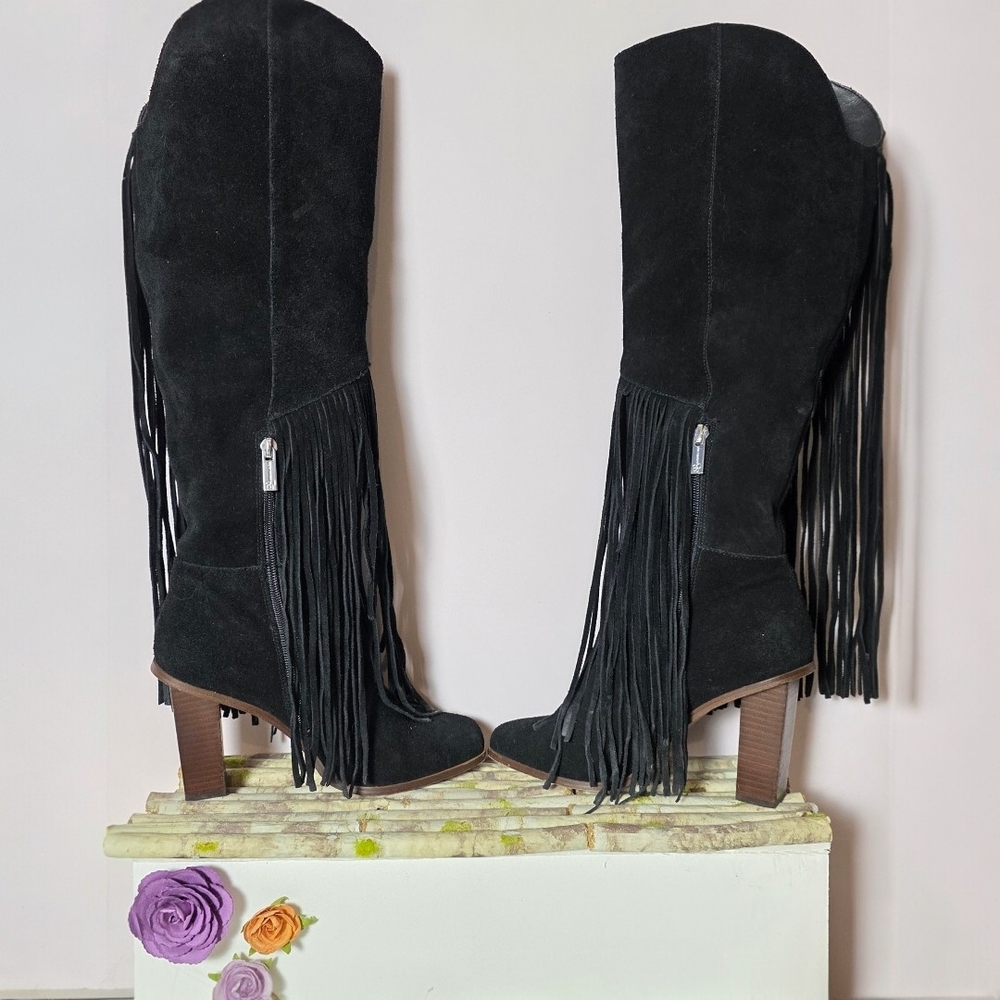 Jessica Simpson Asire Black Suede Fringe Knee High Boots 7.5 Block Heel Western